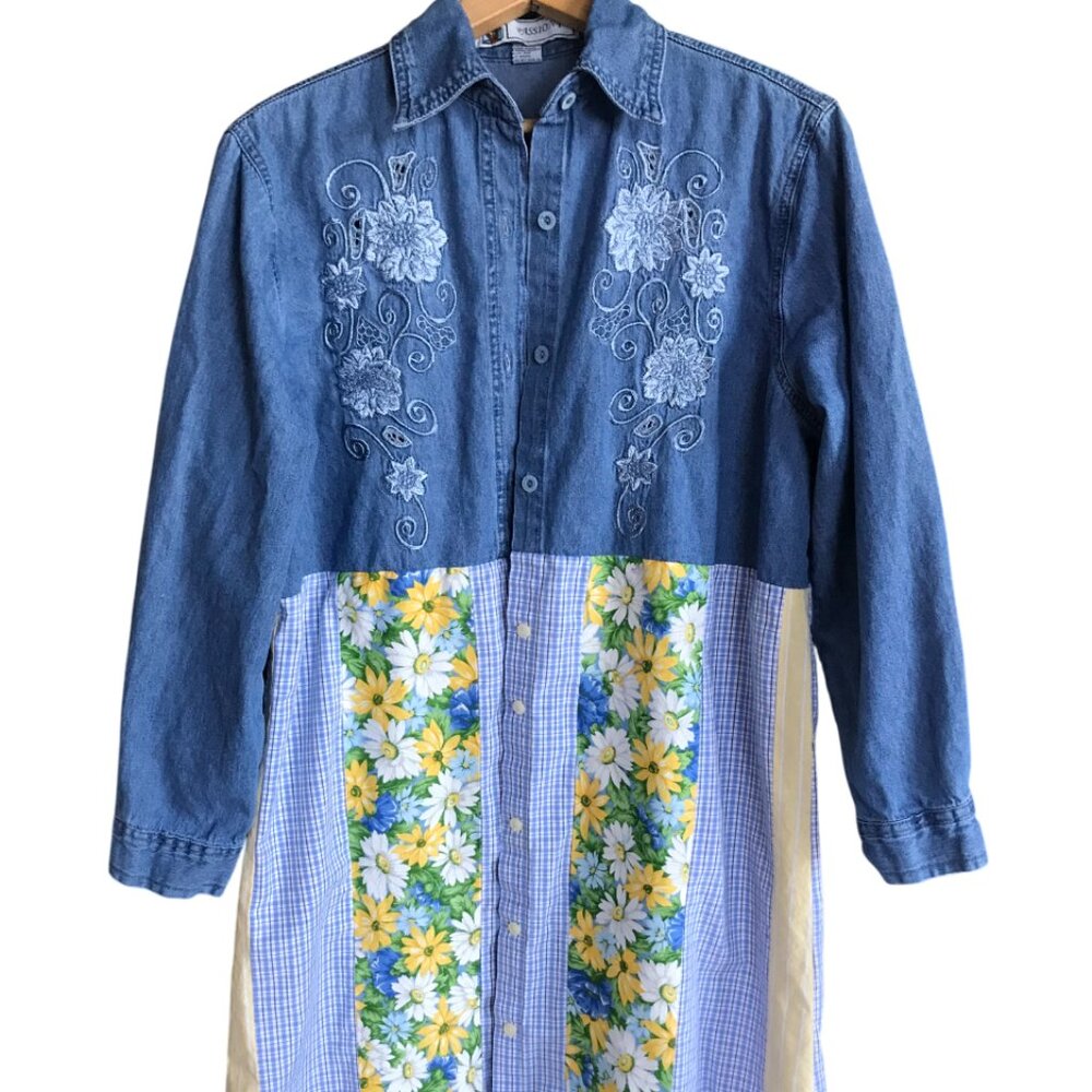Patchwork Denim Duster, Upcycled Boho Layering Jacket Spring Daisies Size Large - Picture 10 of 14